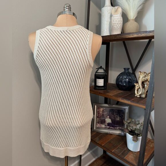 Vince Sweater Womens Small Open Knit Tunic Crochet Oatmeal Side Slit - Picture 3 of 10